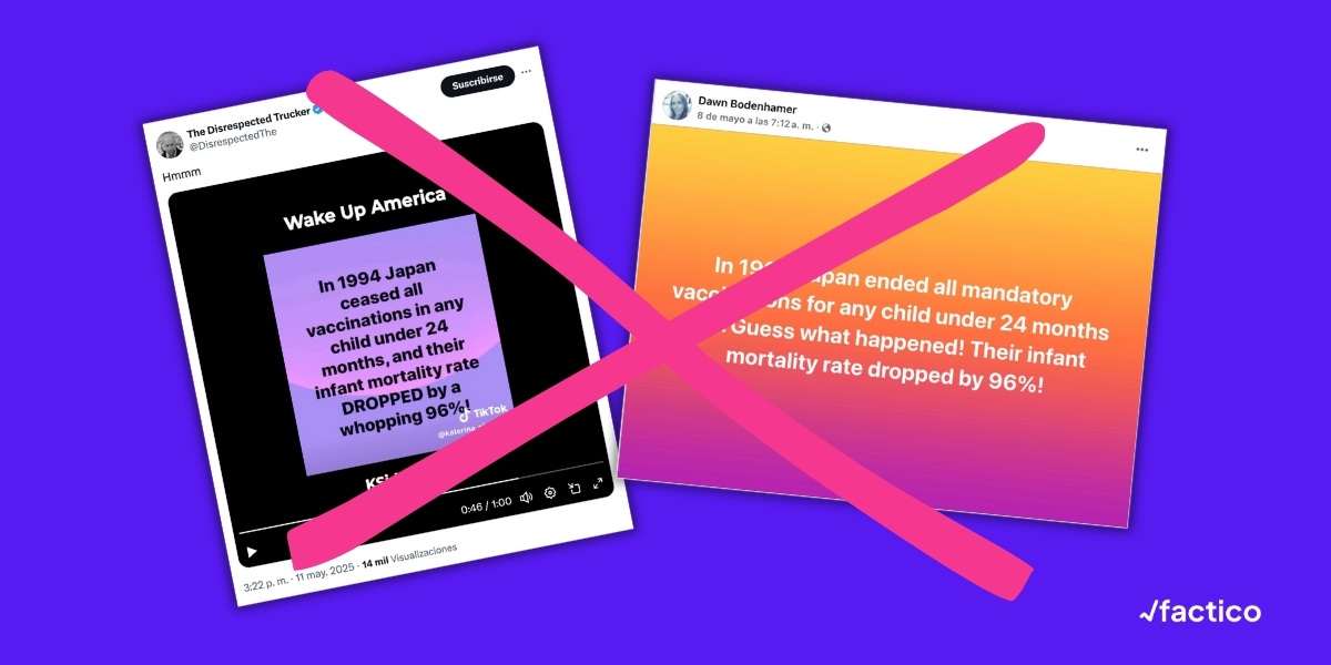 Capturas de publicaciones en Facebook que difunden afirmaciones falsas sobre la vacunación infantil en Japón
