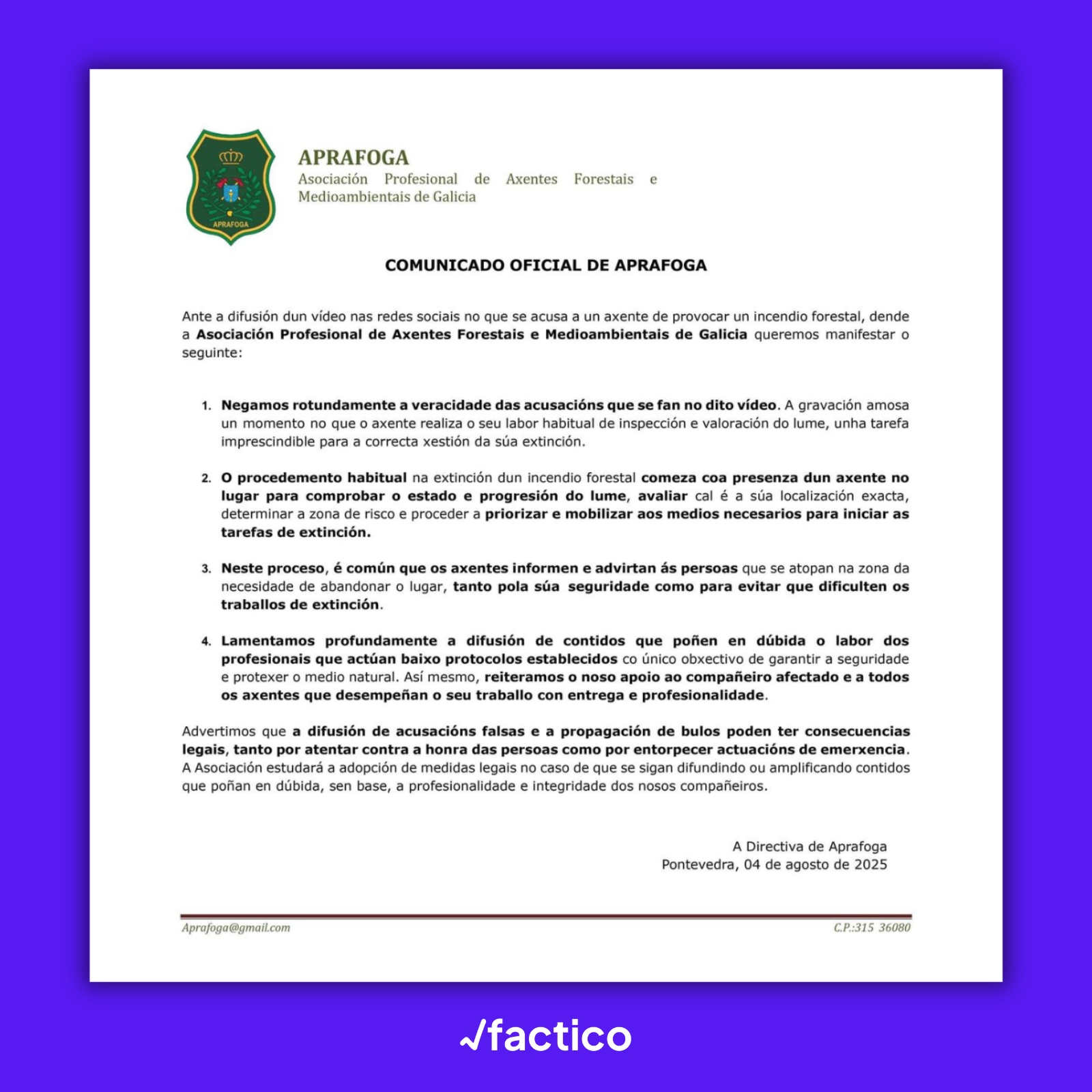 Comunicado oficial de Aprafoga emitido el 4 de agosto de 2025