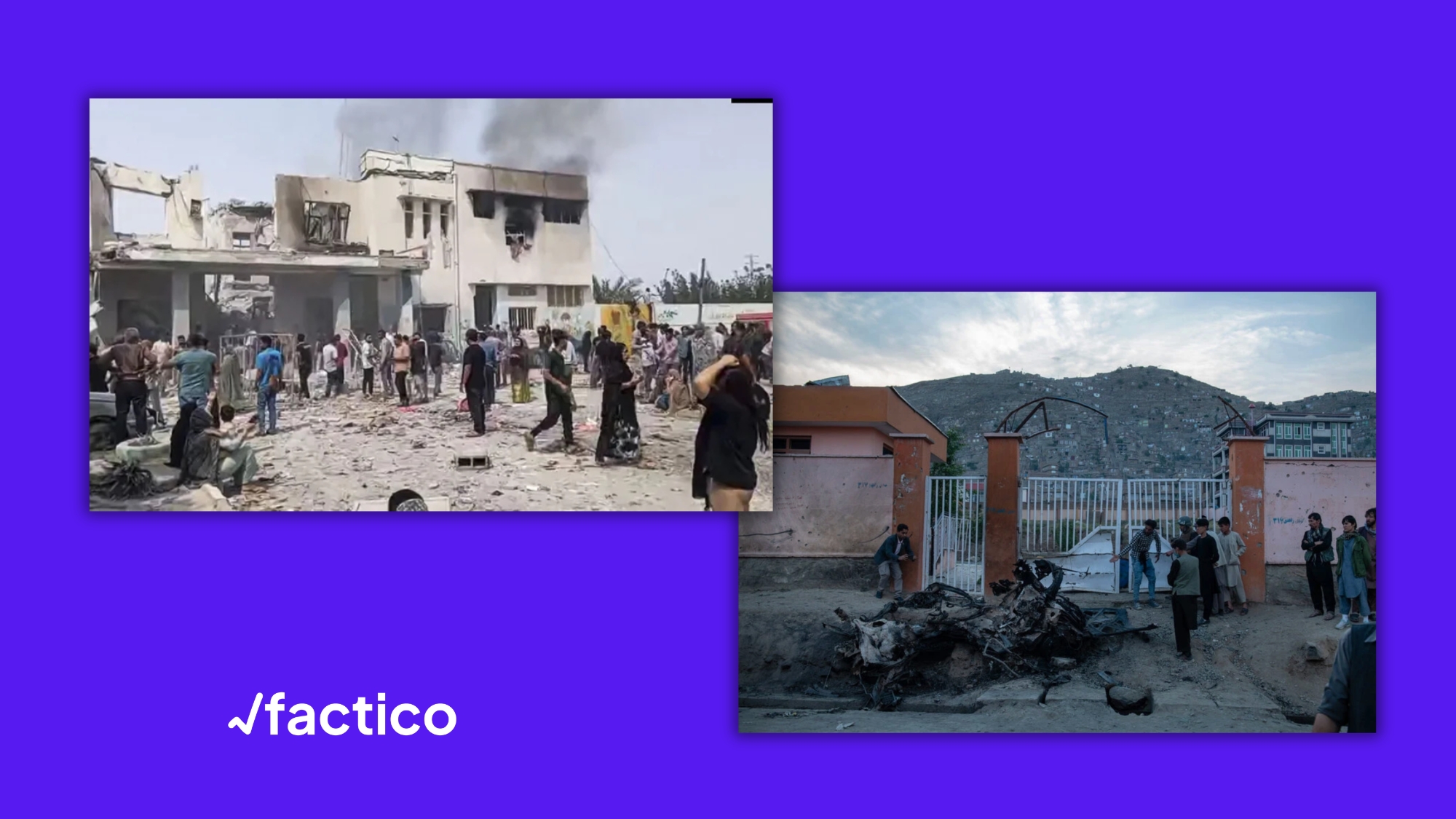 Comparación entre la imagen del edificio escolar dañado en Minab (izquierda) y una fotografía del atentado con coche bomba frente a la escuela Sayed-ul-Shuhada en Kabul en 2021 (derecha): se observan diferencias estructurales y de entorno que descartan que se trate del mismo lugar