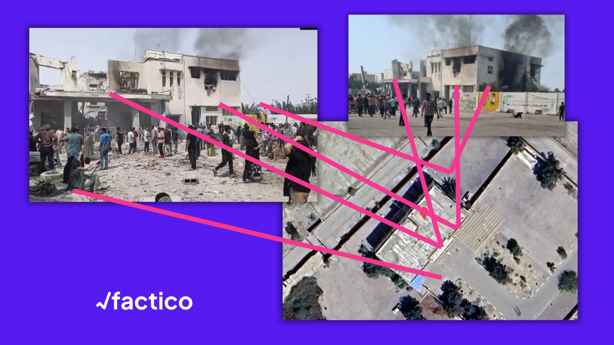 Análisis de geolocalización que compara imágenes del edificio escolar dañado en Minab con una vista satelital del bulevar Resalat: las líneas señalan coincidencias estructurales y de entorno que sitúan el ataque en el sur de Irán y no en Kabul en 2021