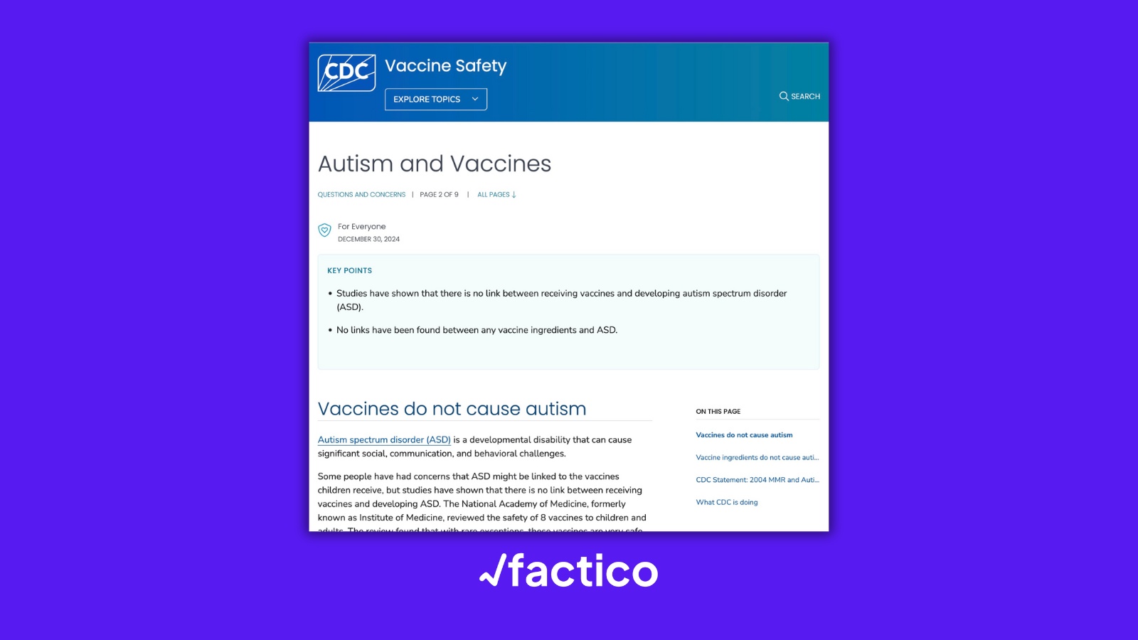 La versión anterior de la página del CDC afirmaba de forma categórica que “las vacunas no causan autismo” y que no existía vínculo entre sus componentes y el trastorno del espectro autista