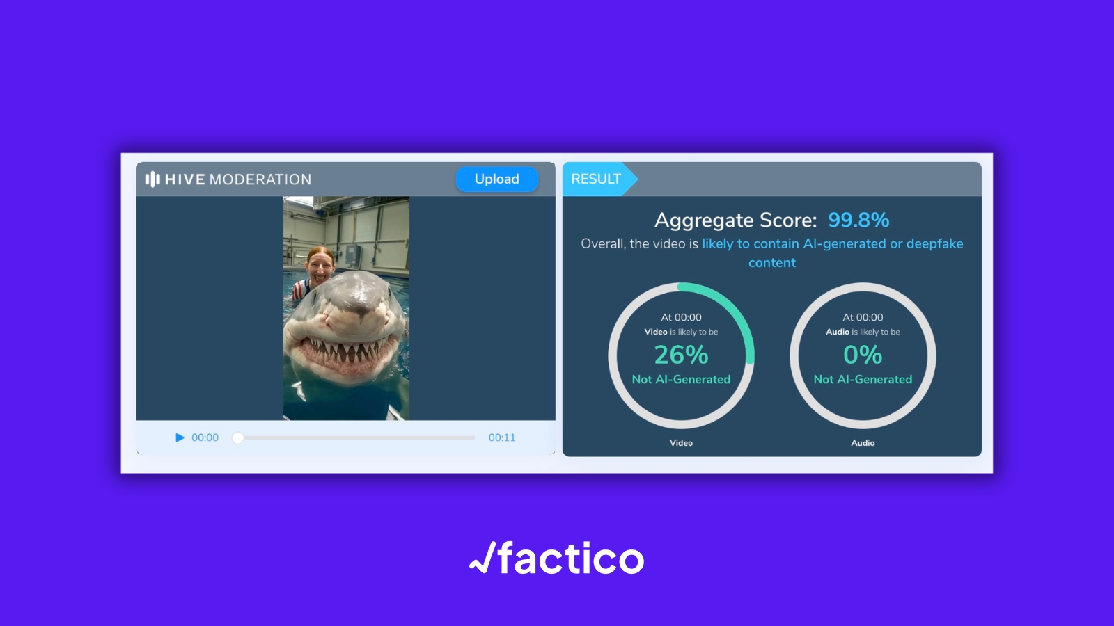 Resultado del análisis del video con Hive Moderation, que indica una alta probabilidad de generación por inteligencia artificial