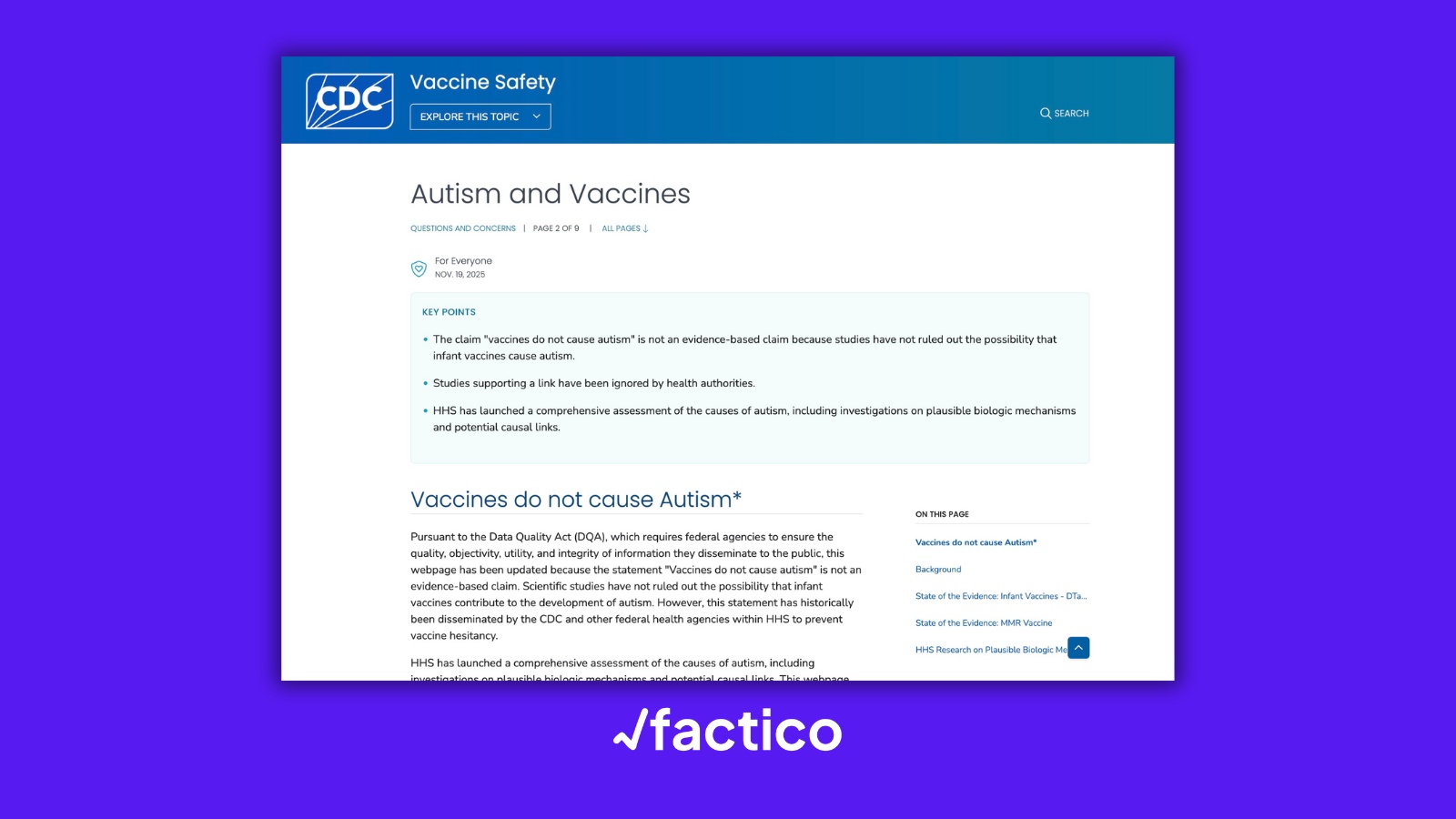 La nueva versión del CDC sostiene que “la afirmación de que las vacunas no causan autismo no está basada en evidencia”, abriendo la puerta a una supuesta incertidumbre que contradice décadas de estudios científicos