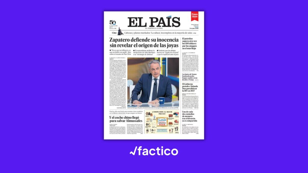 Portada original de El País publicada el 24 de julio de 2026, cuya noticia principal estaba dedicada al expresidente José Luis Rodríguez Zapatero