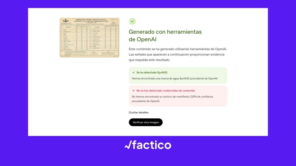 La herramienta oficial de OpenAI identificó la imagen como generada con sus herramientas tras detectar una marca de agua SynthID